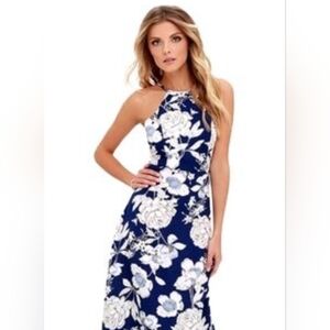 Anself maxi dress, blue and white halter with adjustable strap and back
